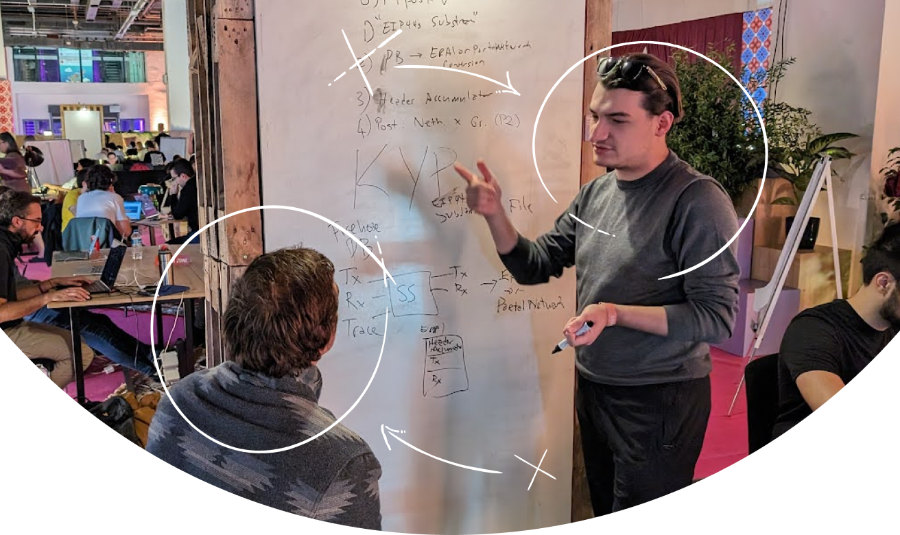 Talented engineers drawing math formulas on a blackboard